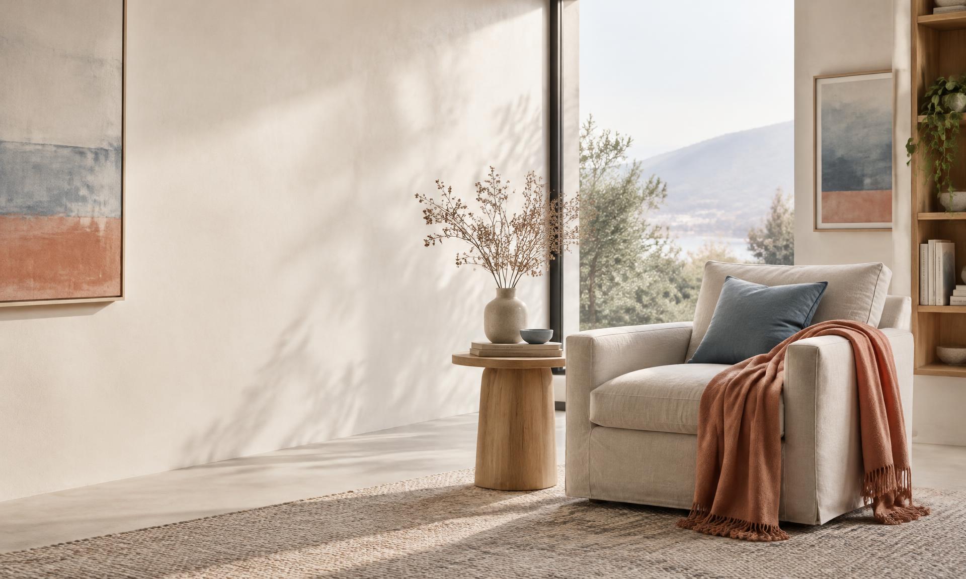 Consultório iluminado por luz natural, com poltrona de linho e ramos de oliveira